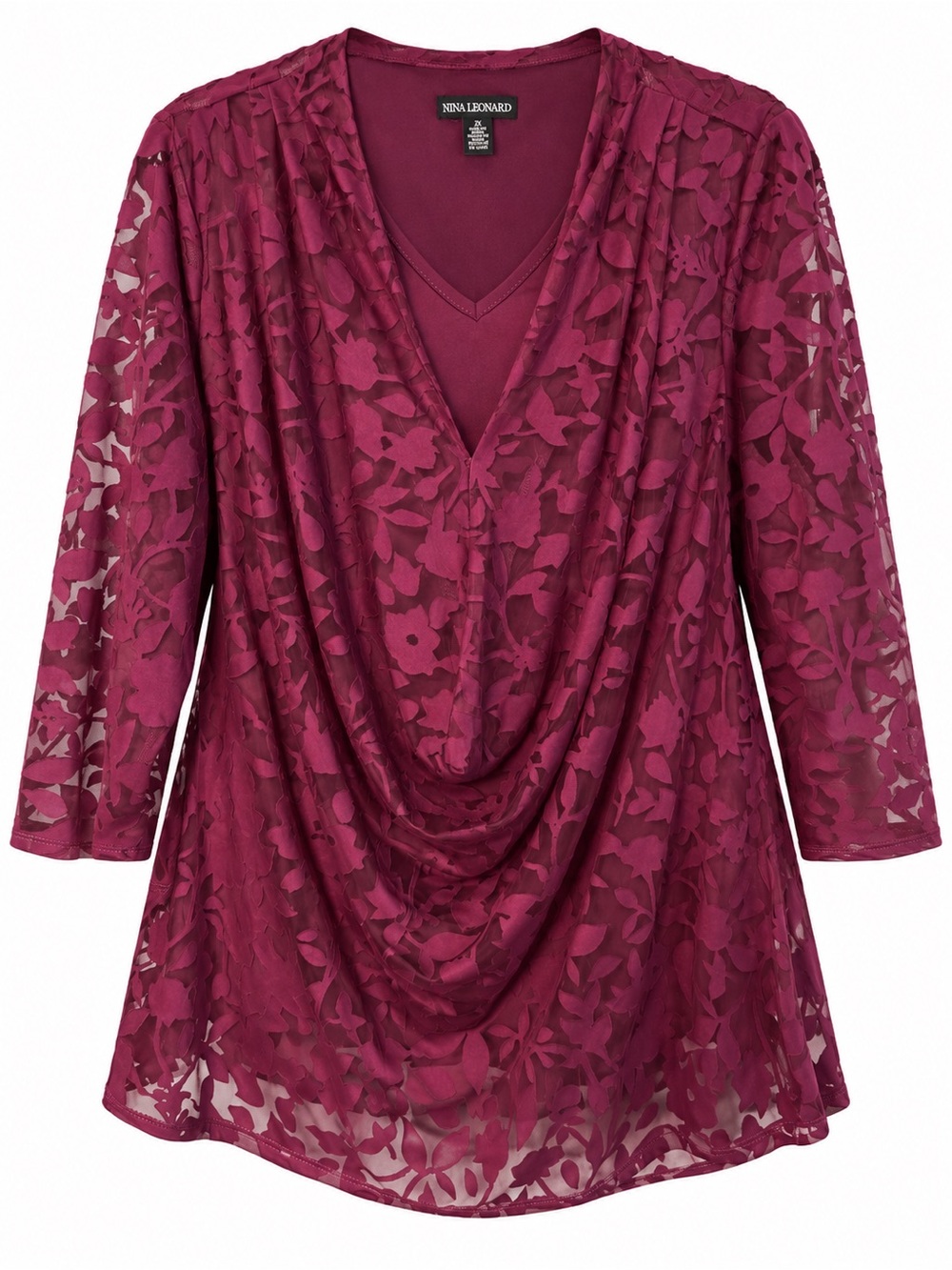 Nina Leonard 2X Berry Floral Burnout Draped Neck Layered Tunic Top - Picture 3 of 4